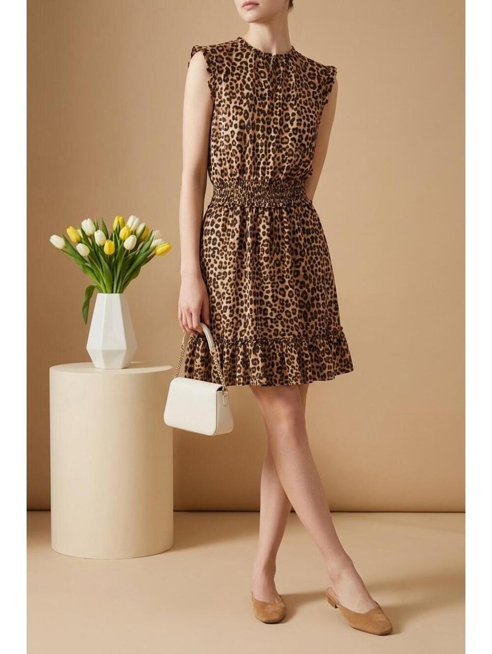 MICHAEL Michael Kors Leopard Print Ruffle Hem Smocked Waist  Dress XS
